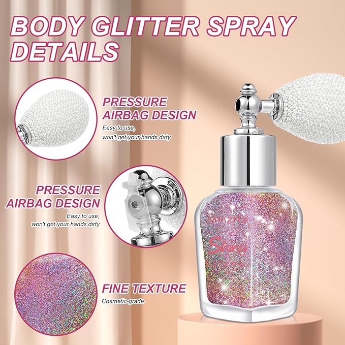 Hair and Body Glitter Spray, Shimmering Powder Sparkle Powder Makeup, Glitter Loose Sparkle Makeup for Body Highlighter,Festival Prom Rave Accessories (Metallic Beauty Beam)