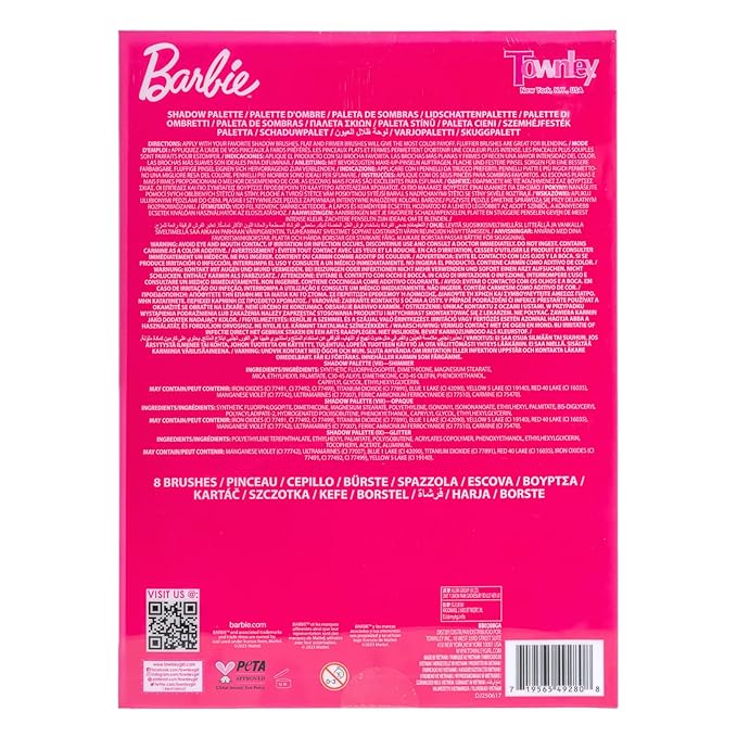 Barbie 35-Well Shadow Palette, Shimmery and Opaque Colors, Pigmented Blendable, 8 Application Brushes Ages 8+, by Townley Girl