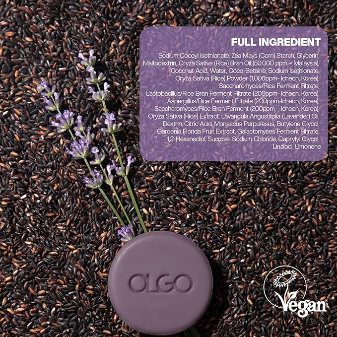 OLGO Rice Cleansing Bar 3.5 oz - Soap-Free Cleansing Bar for Face and Body | Crystal Clear & Moist Skin with Fermented Korean Rice Water and Natural Lavender Oil | Vegan, Sustainable Formula
