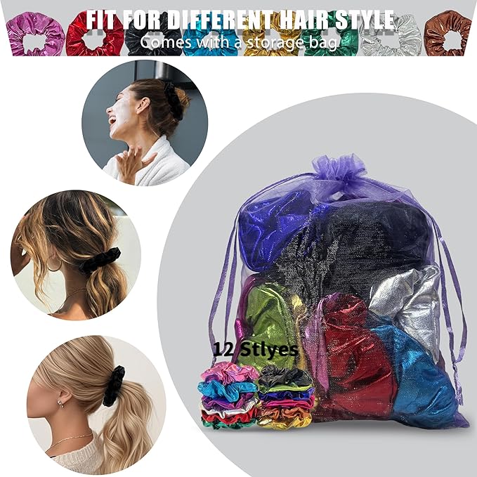 12 Pcs Scrunchies for Women, Shiny Metallic Satin Hair Bands, Bulk Elastic Hair Scrunchie for Thick Hair, Colorful Hair Accessories for Ponytail Holder(Classic Metallic)