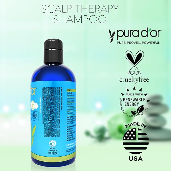 PURA D'OR Scalp Therapy Shampoo - Hydrates & Nourishes Scalp - Scalp Care Shampoo For Itchy Flaky Scalp w/ Tea Tree, Peppermint, Patchouli, Cedarwood, Clary Sage, Argan Oil 16oz (Packaging may vary) (00602)