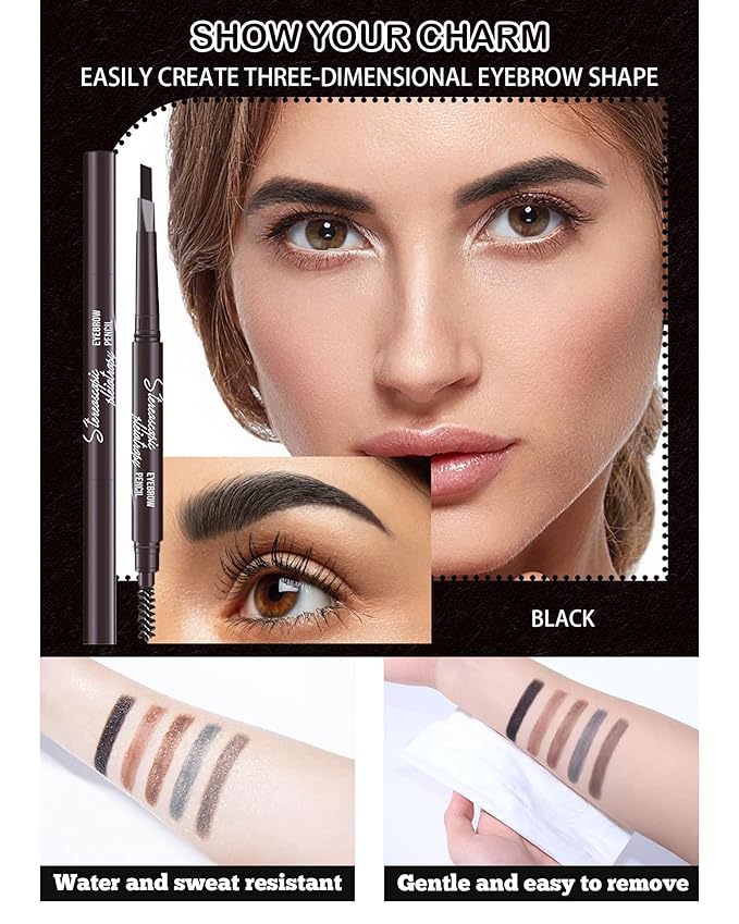 Waterproof Eyebrow Pencils for Women, 6Pcs Double-ended Black Eye Brow Pencil with Razor Kit, Triangular Tip Design Makes it Easier to Define and Fill in Brows for a Natural Look