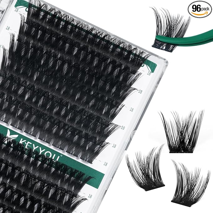 Lash Clusters,96 Pcs Cluster Lashes D Curl 18mm DIY Lash Extensions Eyelash Clusters,KEYYOU Volume Wispy Individual Lashes Soft&Comfortable Easy DIY at Home(Y10,D-18mm)