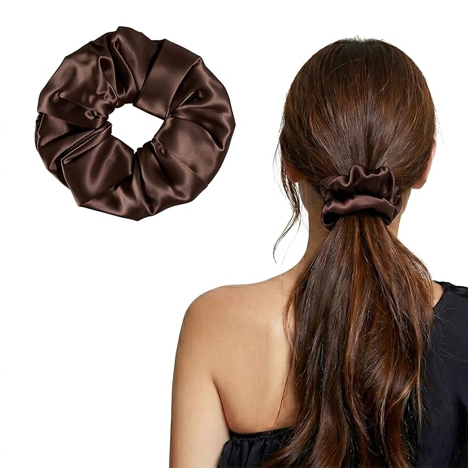 ZLYC 100% Mulberry Silk Hair Tie Scrunchie 19 Momme Gentle Creaseless Dent-Free Ponytail Holder for Women, 6cm Solid Coffee