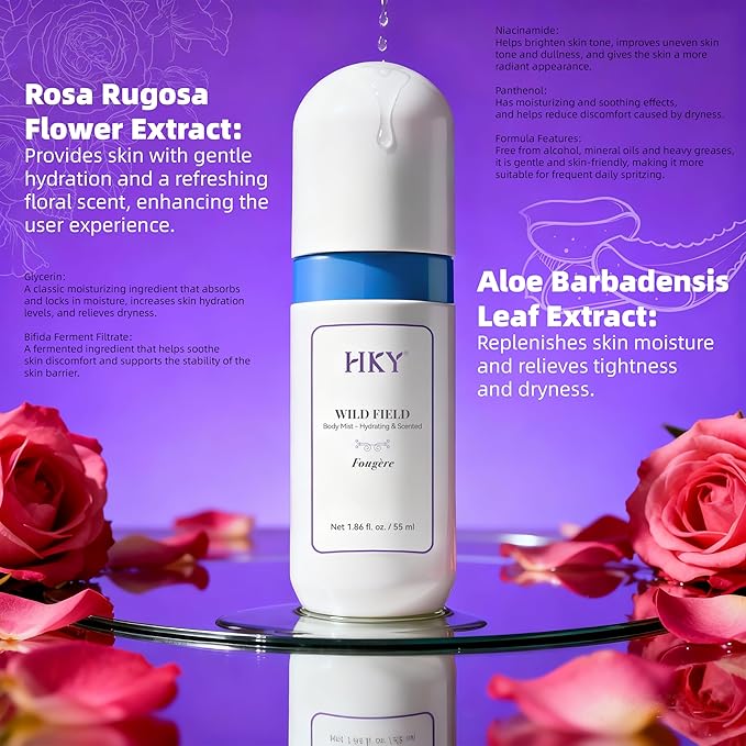 HKY Fragrance Body Mist with Bifida Ferment + Niacinamide – Hydrating Skin Mist Spray, Rose Extract, Panthenol & Aloe – Korean Skincare Infused Perfume Body Spray for Women, 1.86 fl oz