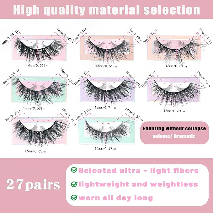 27Pairs 5D Faux Mink Lashes - Fluffy Wispy Cat Eye Strip Lashes 14-18mm D Curl, Easy to Apply for Beginners & Professionals, Natural to Dramatic Look Like Extensions