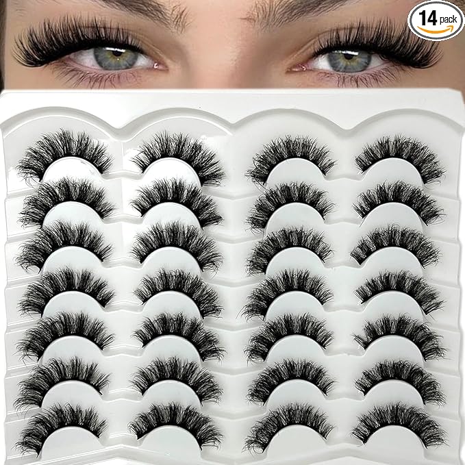 Natural Lashes Wispy 3D Short Cat Eye Fake Strip Lashes Pack 16mm D Curl Lash Strips Cateye False Eyelashes Natural Look