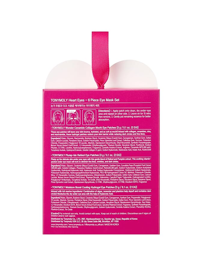 TONYMOLY 6 Pc Assorted Hydrogel Eye Mask Set, Heart Eyes Ornament - Reduce Fine Lines, Wrinkles, Dark Circles, Moisturizing, Nourishing - Collagen, Hyaluronic Acid, Retinol