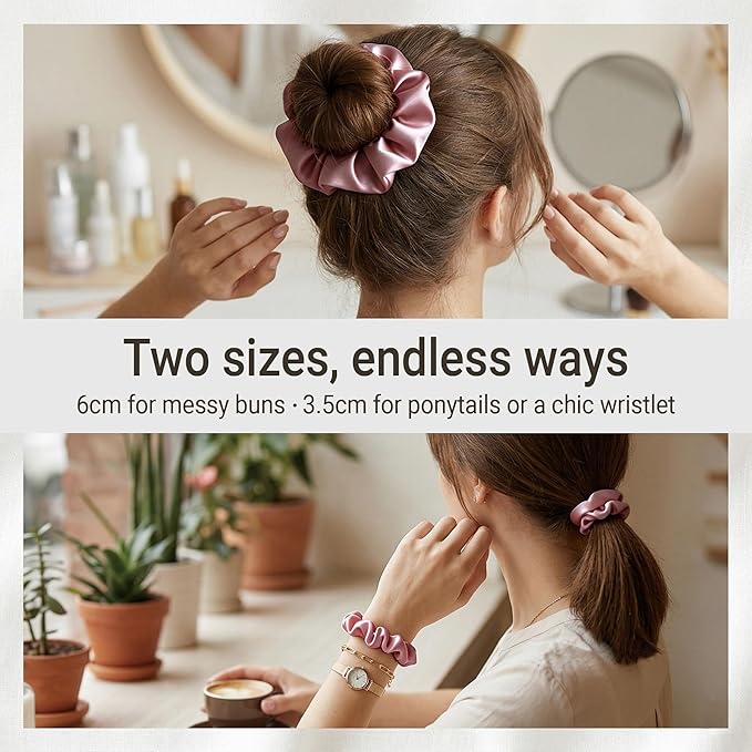 ZLYC 100% Mulberry Silk Scrunchie 19 Momme Gentle Creaseless Hair Tie for Women Dent-Free Ponytail Holder, 3.5cm Solid Mauve