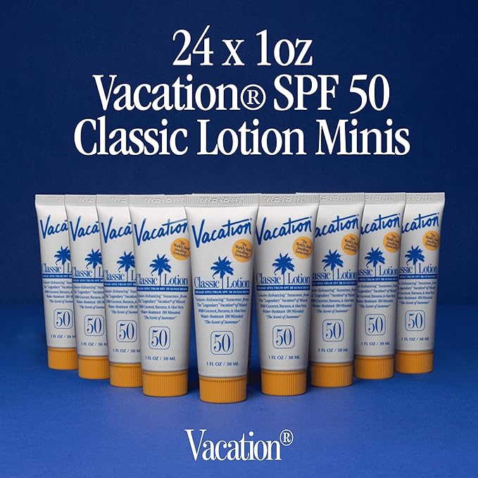 Vacation Mini Classic Lotion SPF 50, Water-Resistant, Mini Sunscreen Bulk Party Favor, Beach Must Haves, Traveling Essentials, Suntan Lotion Travel Size, 1 Fl. Oz. (Value Pack of 24)