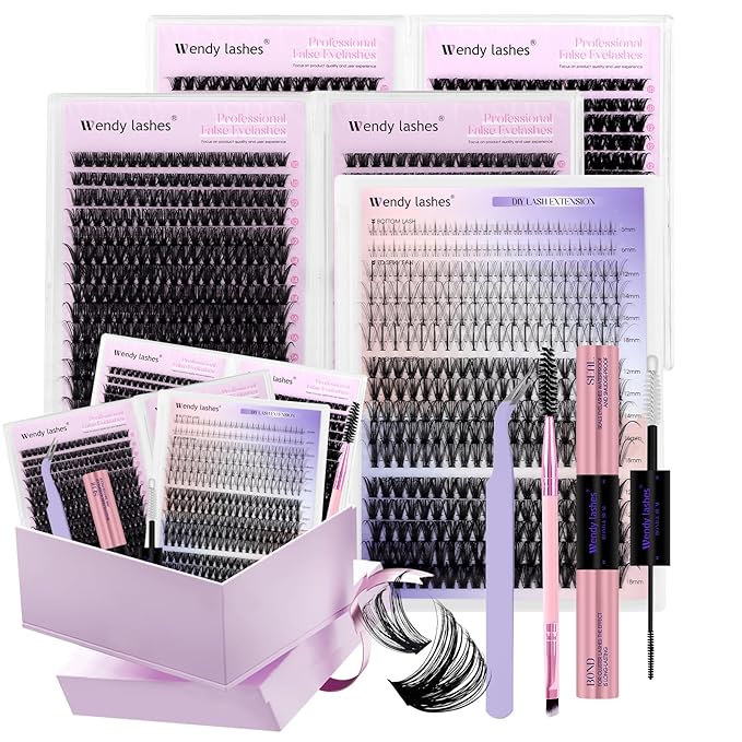 WENDY LASHES Clusters Kit With Bottom Lashes 40D+50D+60D+80D+80D+100D 1440Pcs Wispy Eyelash Clusters 10-18mm Natural DIY Lash Extension Kit D Curl for Beginners