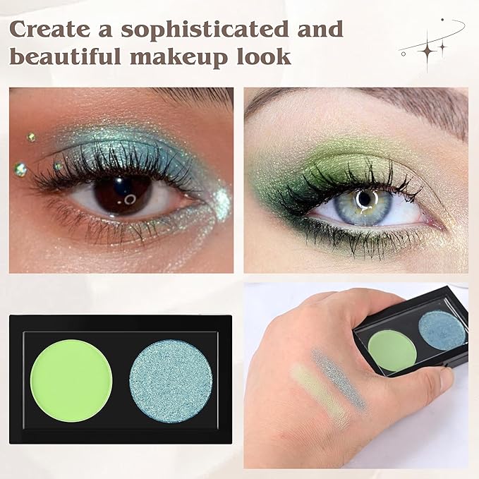 Duo Eye Shadow Palette，Green Matte +Blue Glitter Eyeshadow for Eye Makeup，Easy Application， Natural Eye Looks，Smooth, Blendable，Highly Pigmented，Vegan & Cruelty-Free ，Makeup Kit for woman