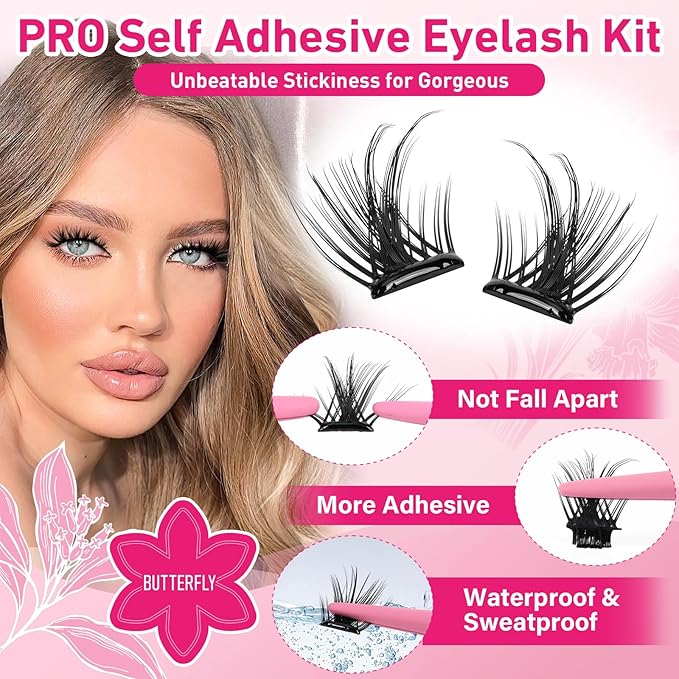 PROLASHBEAUTY Self Adhesive Eyelashes Butterfly Lash Clusters Self Adhesive Lashes No Glue Needed Lashes 10-16MM Pre Glued Eyelashes Clusters with Anti-Stick Tweezer(Butterfly,10-16mix)