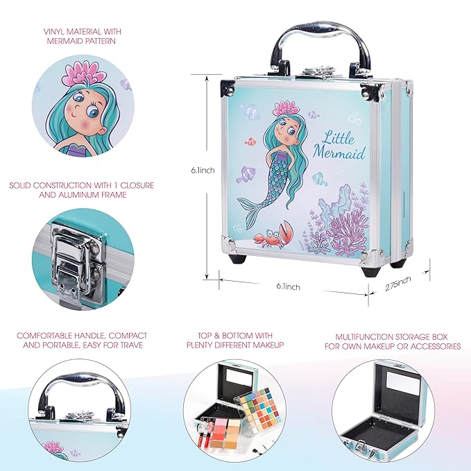 Hot Sugar Girls Makeup Kit for Teenagers 13-15 Includes Eyeshadow Lip Gloss Blush Highlighter Contour Brush (Blue Mermaid)