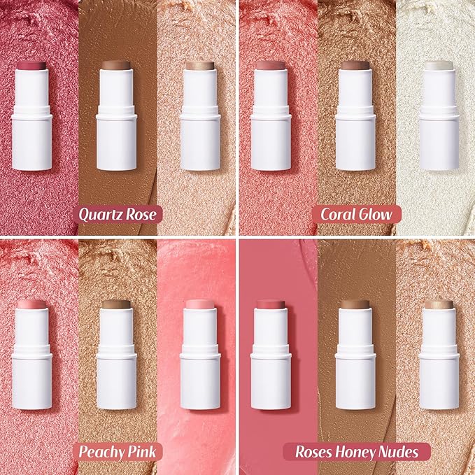 KIMUSE Multi Stick Trio Face Makeup, Cream Blush Stick for Cheeks & Lips, Contour Stick & Highlighter Makeup Sticks for All Skin