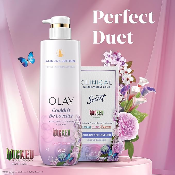 Olay Body Wash for Women, Couldn't Be Lovelier Glinda's Edition, Intensely Hydrating & Renewing, Pro-Hyaluronic Acid Serum & Vitamin B3, All Skin Types, Raspberry & Bubbles Scent, 20 fl oz (Pack of 2)