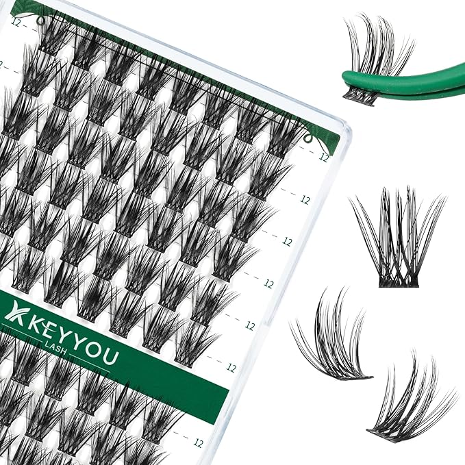 Lash Clusters 96pcs Individual Lashes D Curl 12mm Eyelash Clusters KEYYOU Volume Wispy Lash Extension Soft&Comfortable Easy DIY at Home(Y18,D-12mm)