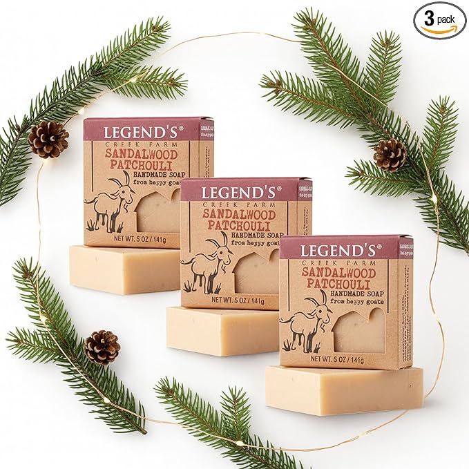 Legend's Creek Farm Goat Milk Soap - Cleansing Moisturizing Bar for Hands and Body - 5 Oz Creamy Lather, Nourishing, Gentle Natural Soap for Sensitive Skin (Sandalwood Patchouli, Pack of 3)