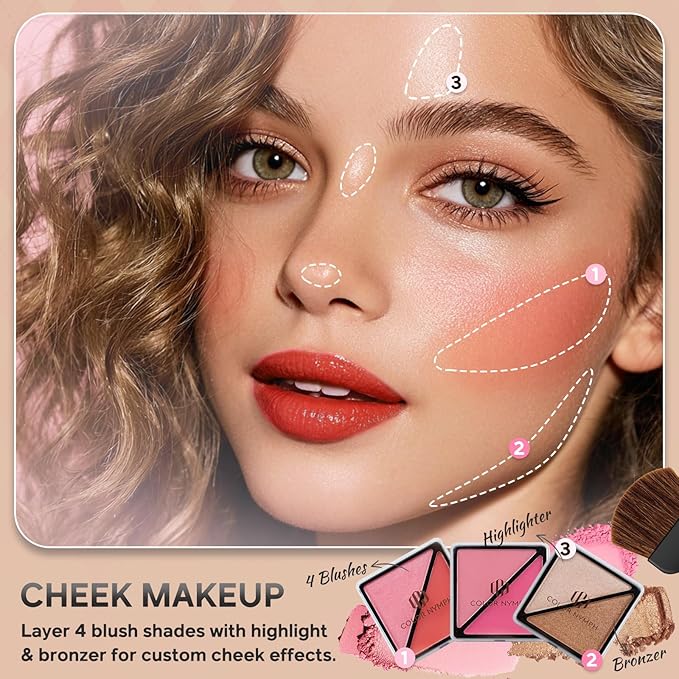 Color Nymph Beginner Makeup Kits For Teens With Train Case Included Full Makeup Kit Eyeshadow Palette Blushes Bronzer Highlighter Lipstick Brushes Mirror（Gold）