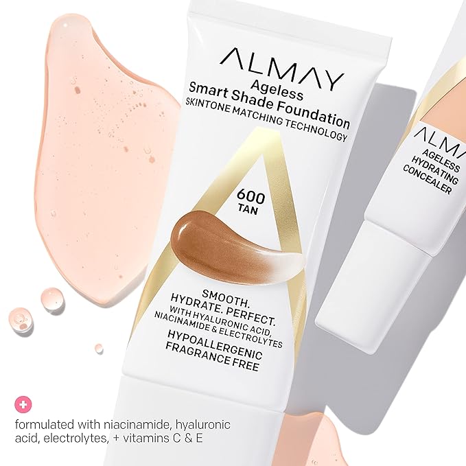 Almay Anti-Aging Foundation, Smart Shade Face Makeup with Hyaluronic Acid, Niacinamide, Vitamin C & E, Hypoallergenic-Fragrance Free, 050 Fair, 1 Fl Oz (Pack of 1)