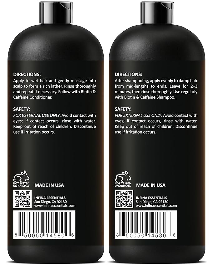 INFINA ESSENTIALS Caffeine Biotin Shampoo and Conditioner Set | Hair Thickening & Strengthening | 16 fl oz Each | with Batana Oil & Castor Oil | For Thinning Hair Care | Men & Women | Made in USA