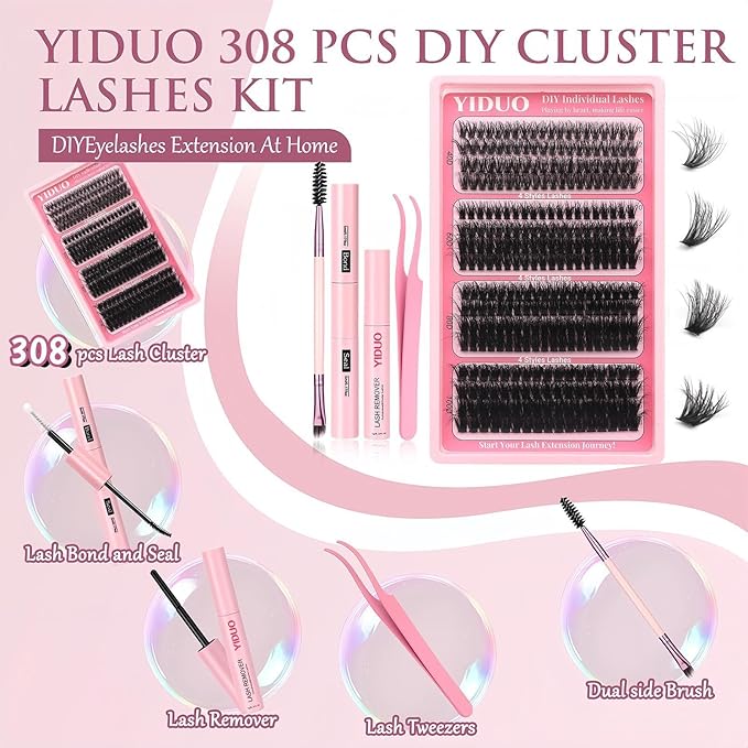 YIDUO Lash Clusters Kit 40D+60D+80D+100D Volume Lashes Extensions Kit 10-16mm Wispy Individuals Fake Eyelash, 308Pcs All-in-1 Pack with Bond and Seal|Tweezers |Removers |Eyelash & Eyebrow Brush