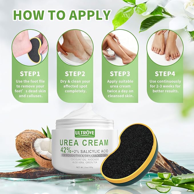 Urea Cream 42% - 2% Salicylic Acid Foot Moisturizer - Callus & Dead Skin Remover, Repairing Foot File, 3.5 oz