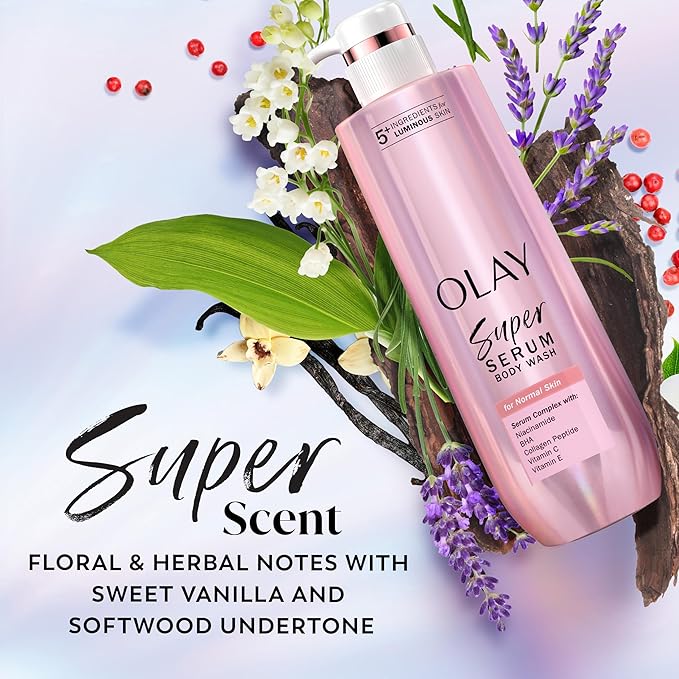 Olay Super Serum Body Wash for Normal Skin, 24hr Long Lasting Hydration, 5+ Ingredient Serum Complex for Bright Even Firm Luminous Skin, 18.5 fl oz (Pack of 4)