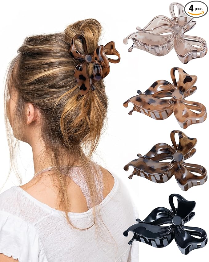 4 PCS Bow Hair Clips Bow Claw Clip for Women, Large Hair Claw Clips for Thin Thick Long Hair Cute Nonslip Bows (Black+Leopard Dark Brown+Leopard Light Brown+Gray)