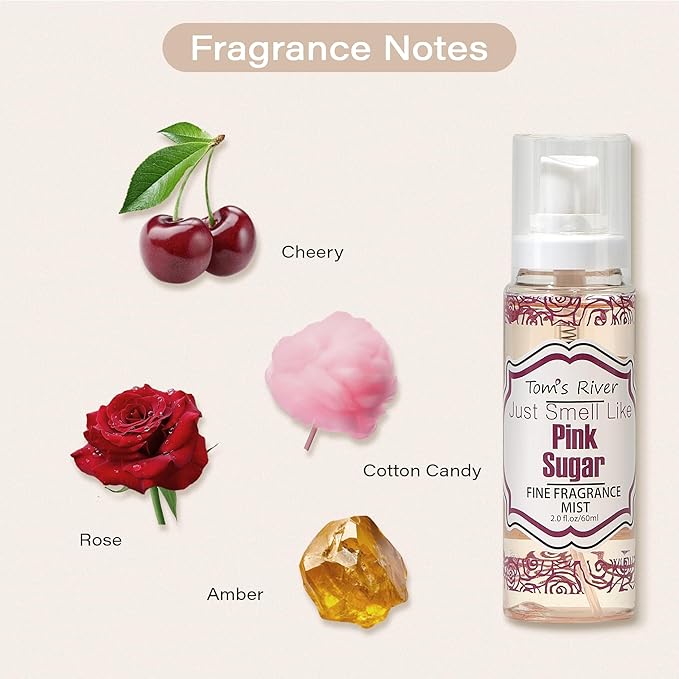 Tom's River Fine Fragrance Body & Hair Mist | Pink Sugar Scented (Pack of 3) | For Daily Use | Travel-Friendly | 2 fl oz/ 60ml per Bottle (Pack of 3, Pink Sugar)