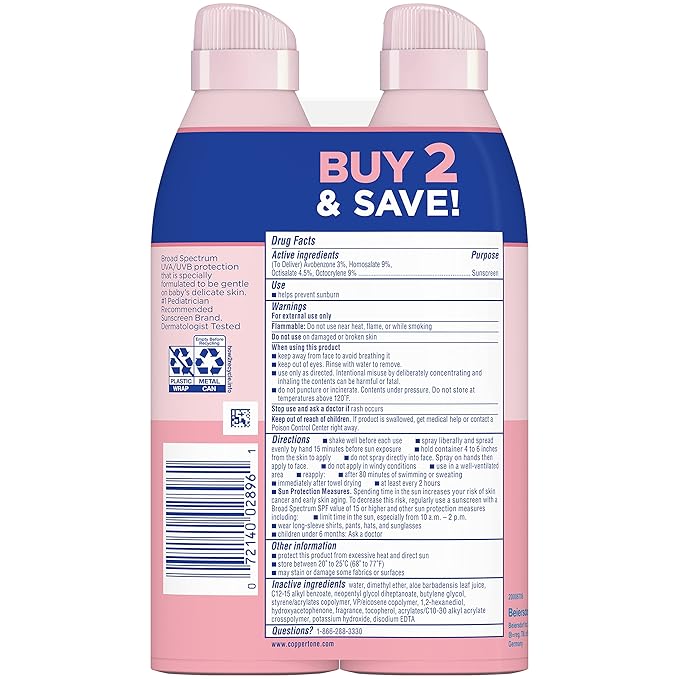 Coppertone WaterBabies Sunscreen Spray SPF 50, Spray On Sunscreen for Babies, Water Resistant, Pediatrician Recommended, 6 Oz, Pack of 2