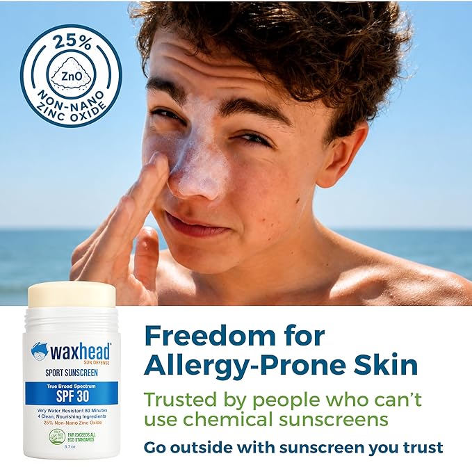 Waxhead Zinc Oxide Sunscreen Stick SPF 30, 4-Ingredient Mineral Sunscreen for Face & Body, EWG 1, Reef Safe Non-Nano, Baby & Kids Sensitive Skin, Water Resistant Sport Tattoo Sunblock, 3.7 oz
