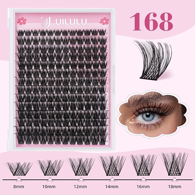 UILULU Lash Clusters Natural Individual Lashes Clusters 168 Count 0.07D 8-18MM Mix D Curl Eye Lashes False Lashes DIY Eyelash Extension at Home (U04 Lash Only)