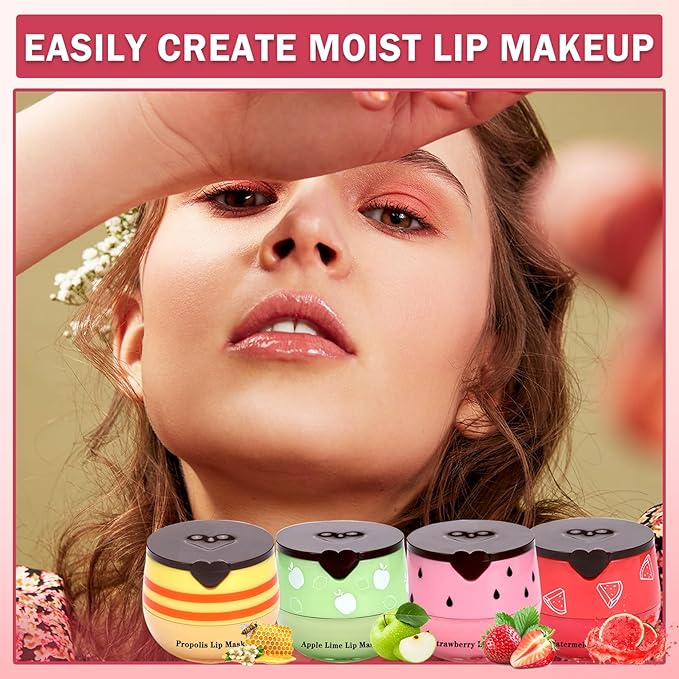 4 PCS Bee Lip Balm Honey Pot,Honey Strawberry Watermelon Apple Lip Mask, Reduces Lip Lines,Hydrating Exfoliating Lip Balm
