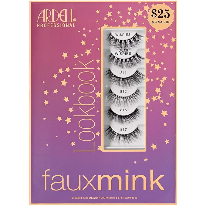 Ardell Faux Mink Wispy False Eyelashes Lookbook Lash Set – Natural Look Wispy Lashes Strip (Demi Wispies, 811, 812, 815, 817) with Lash Adhesive, 6 Pairs, 1 Pack