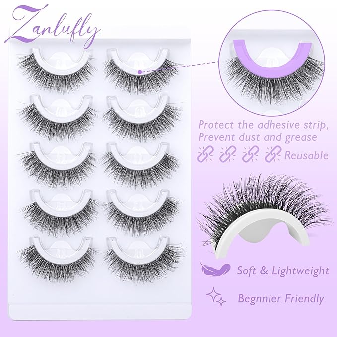 Self Adhesive Eyelashes Natural Pre-glued Lashes No Glue Needed Lashes Cat Eye Lashes Faux Mink Eyelashes Reusable Self Adhesive Lashes 5 Pairs by zanlufly