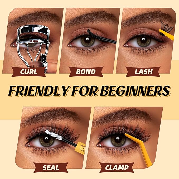 QUEWEL Lash Clusters Kit, 144 Pcs DIY Lash Extension Kit Individual Lashes Eyelash Extension Kit with Lash Bond and Seal Lash Tweezers (144-Mega Kit)