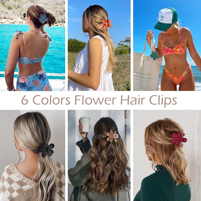 Flower Hair Clips 6 PCS for Women, Flower Claw Clips Matte Large Claw Clips Strong Hold Jaw Clamps Hair Accessories for Thick Hair 6 Colors