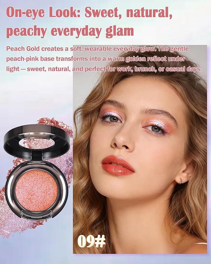 Chameleon Duochrome Glitter Eyeshadow Palette, Holographic Shimmer Single Eye Shadow Palettes, Color Shift Sparkle Iridescent, Multichrome Metallic Eye Brightener Highlighter Makeup-09 Peach Gold