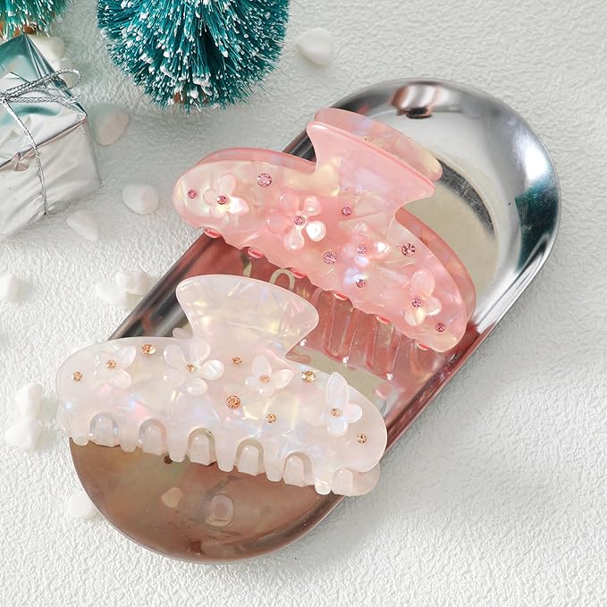 HAIMEIKANG 2Pcs Acrylic Flower Hair Claw Clips - Large for Women, Strong Hold Jaw Clip for Thick Thin Hair, Cute Non-slip Stylish Hair Accessories for Girls