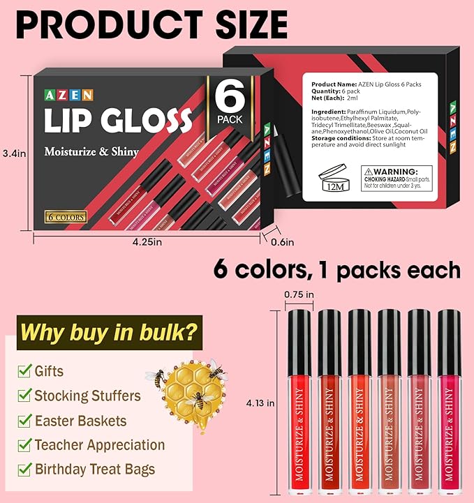 AZEN 6 Pack Lip Gloss Bulk Set, Shimmery Lip Gloss for Women and Girls With Rich Varied Colors, Mothers Day Gifts for Women