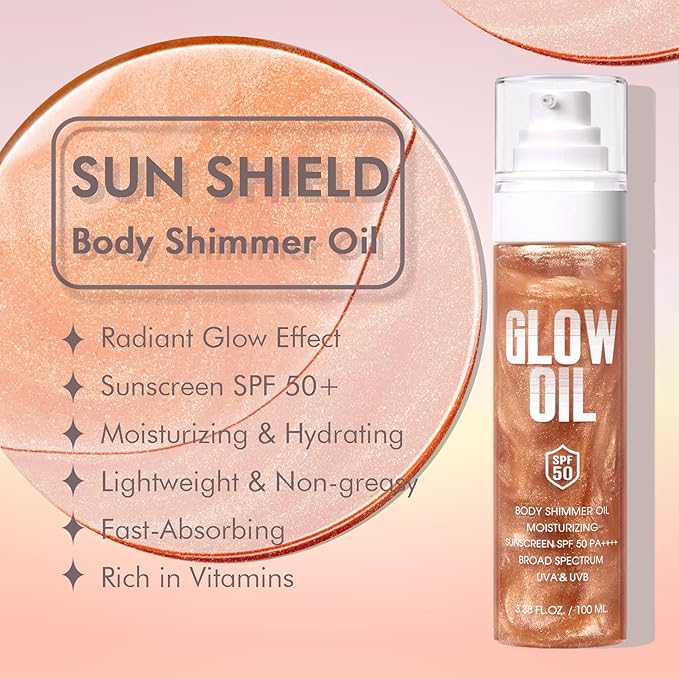 Sunscreen Body Glow Oil【SPF 50】【Lightweight】【Natural Ingredient】Broad Spectrum Shimmer Sunscreen For Face and Body, ROSE
