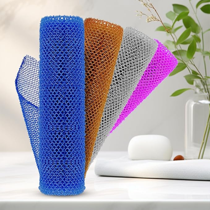4 Pieces African Net Sponge – Premium African Net Sponge for Deep Exfoliation Quick-Dry and Reusable Mesh for Smooth Skin(Brown, Blue, Purple,Grey)