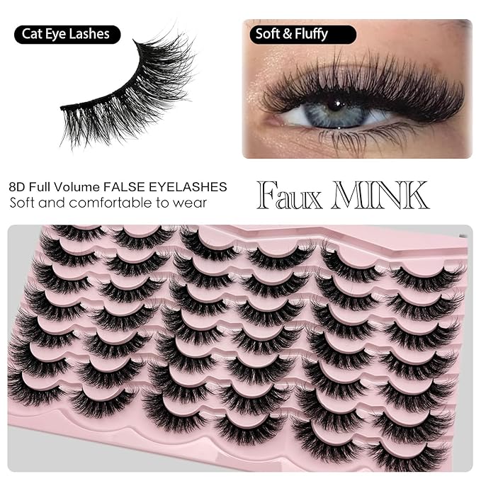 Mink Lashes Wispy Cat Eye Natural Fluffy Strip Lashes Pack C Curl False Eyelashes Natural Look Soft Cateye Faux Mink Eyelashes Bulk