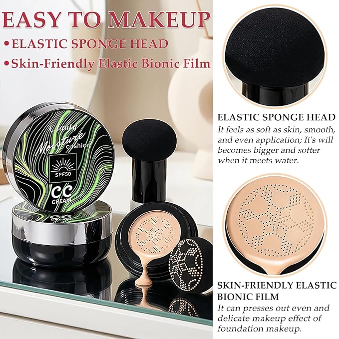 Cushion Foundation Air Cushion CC Cream - Full Coverage Foundation With SPF 50+, Color Corrector, Even Skin Tone, Tattoo cover up, Moisturizing Concealer Sunscreen Foundation Makeup (Nude SPF50)
