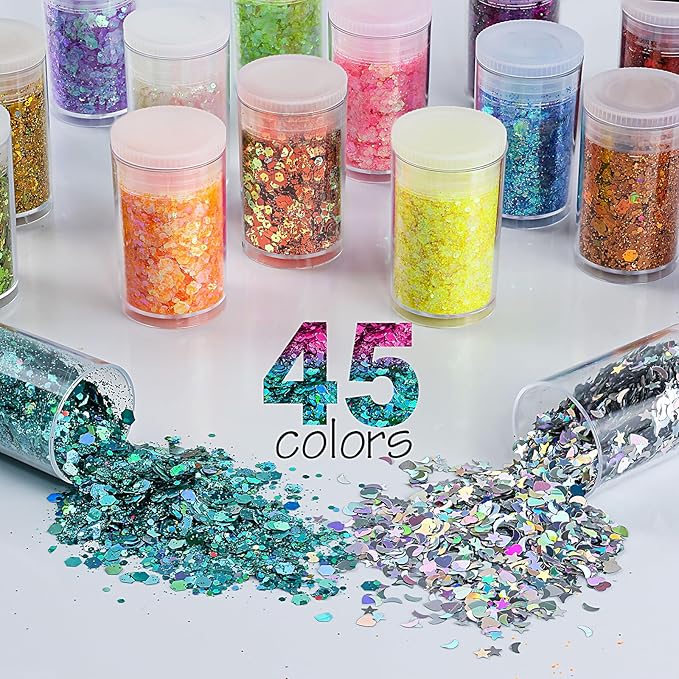 Holographic Chunky and Fine Glitter Mix, 45 Colors Craft Glitter for Epoxy Resin Arts, Iridescent Nail Glitter, Cosmetic Eye Hair Face Body Glitter, Glitter Flakes Sequins for Tumbler Festival Jewelry