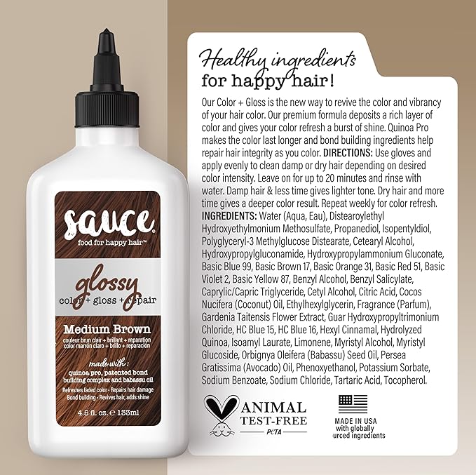 Sauce Beauty Glossy Color + Gloss + Repair, Medium Brown, Semi Permanent Hair Dye with Bond-Building and Color-Fade Protection Technology, Adds Shine & Deep Moisture, Lasts 4-8 Weeks, Stops Fade
