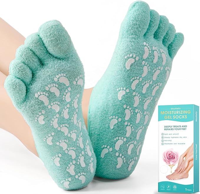 MoyRetty Moisturizing Silicone Gel Socks with 5-Toes, Dry Cracked Feet Treatment, gel socks for dry cracked feet women Lavender Oil Infused-Green