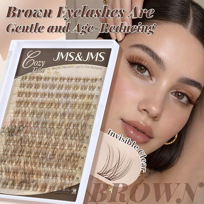 JMS&JMS Brown Venus Lash Clusters Kit, Velour Lash Clusters Wispy Natural Invisible Band Lash Extension Kit with Waterproof White Glue DIY at Home(Brown-Venus-C-8-18MIX)