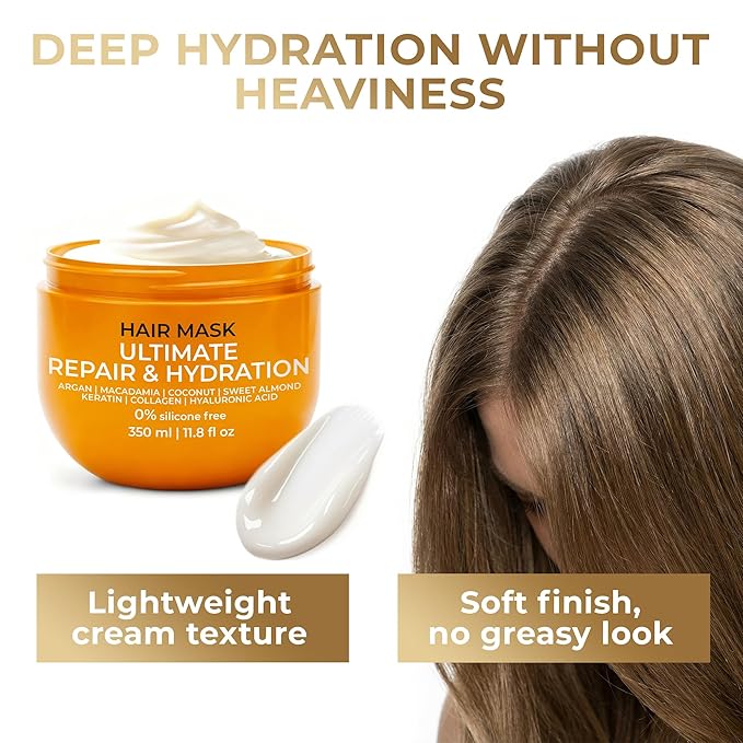 VAO Deep Conditioning Hair Mask for Damaged Hair - Hydrating Hair Mask for Damaged Dry Hair with Argan Oil, Shea Butter, Keratin + Hyaluronic Acid - Hair Repair Treatment for Dry & Color Treated Hair